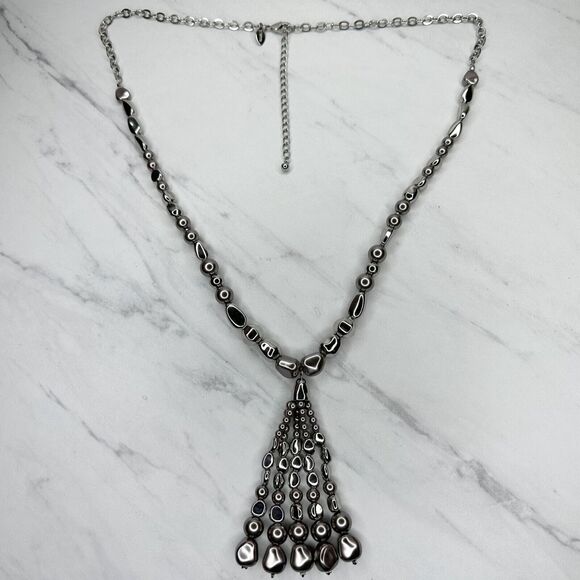 Chico's Chunky Beaded Tassel Statement Necklace Silver Tone ✨ - Picture 1 of 10